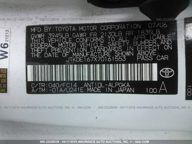 JTKDE167X70161553 - 2007 TOYOTA SCION TC 白色 照片 9