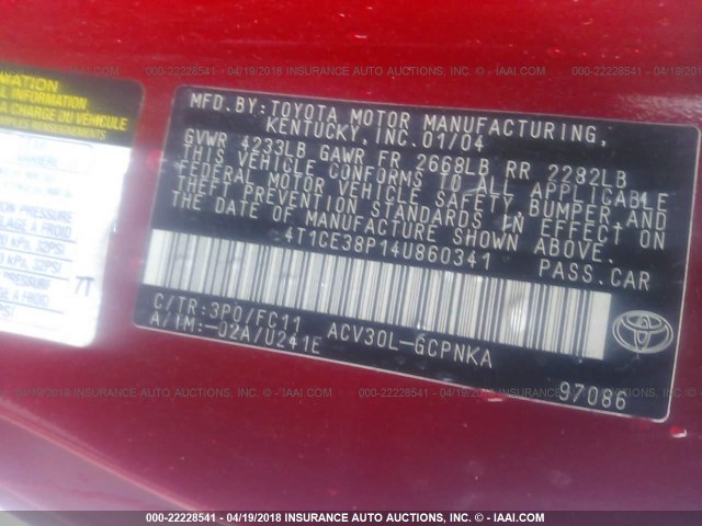 4T1CE38P14U860341 - 2004 TOYOTA CAMRY SOLARA SE/SLE RED photo 9