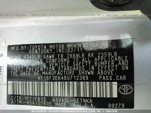 4T1BF3EK4BU712389 - 2011 TOYOTA CAMRY SE/LE/XLE 银色 照片 9