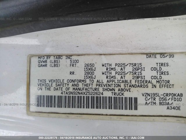 4TASN92N4XZ522624 - 1999 TOYOTA TACOMA XTRACAB PRERUNNER თეთრი ფოტო 9