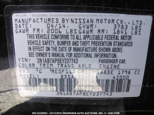 3N1AB7AP8EY237743 - 2014 NISSAN SENTRA S/SV/SR/SL BLACK photo 9