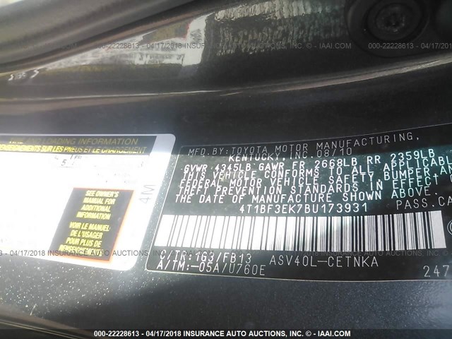 4T1BF3EK7BU173931 - 2011 TOYOTA CAMRY SE/LE/XLE Сұр фото 9