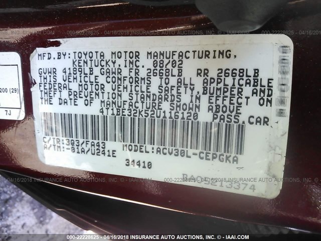 4T1BE32K52U116120 - 2002 TOYOTA CAMRY LE/XLE/SE ბურგუნდია ფოტო 9