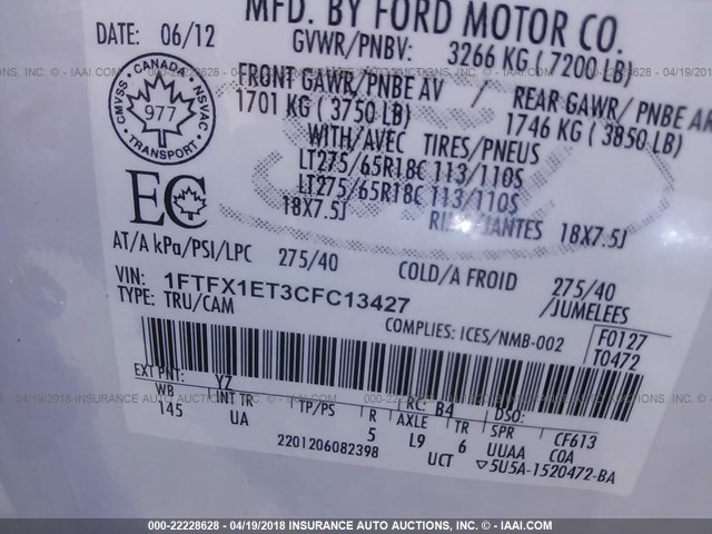 1FTFX1ET3CFC13427 - 2012 FORD F150 SUPER CAB WHITE photo 9