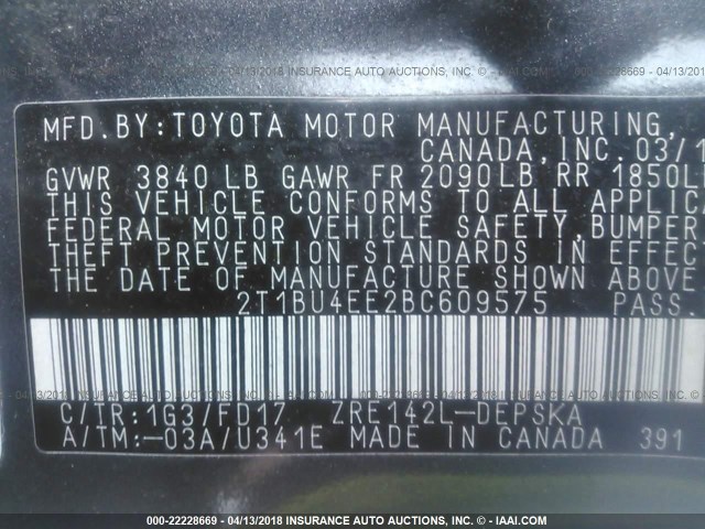 2T1BU4EE2BC609575 - 2011 TOYOTA COROLLA S/LE GRAY photo 9