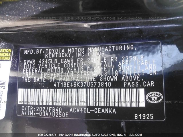 4T1BE46K37U573810 - 2007 TOYOTA CAMRY NEW GENERAT CE/LE/XLE/SE BLACK photo 9