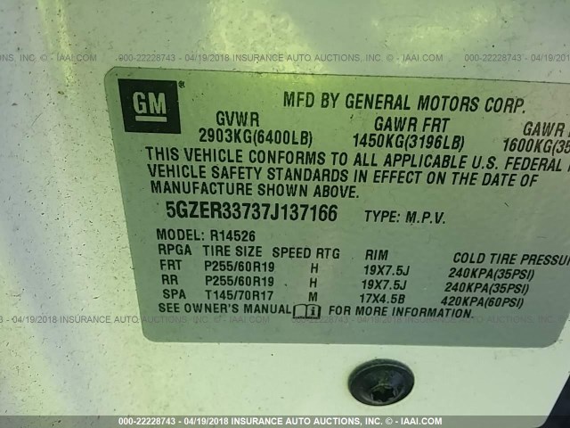 5GZER33737J137166 - 2007 SATURN OUTLOOK SPECIAL თეთრი ფოტო 9