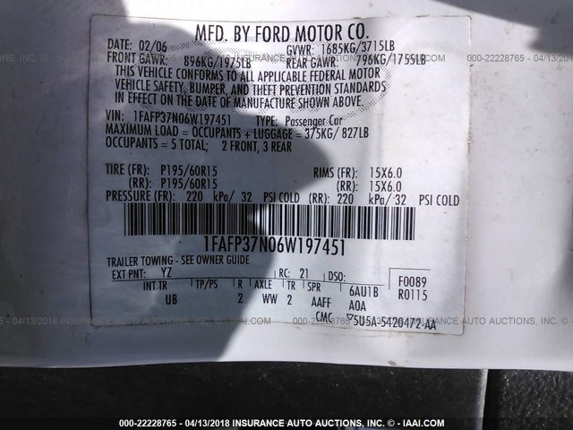 1FAFP37N06W197451 - 2006 FORD FOCUS ZX5 WHITE photo 9