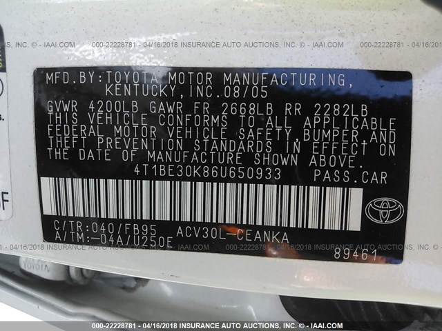 4T1BE30K86U650933 - 2006 TOYOTA CAMRY LE/XLE/SE 白色 照片 9