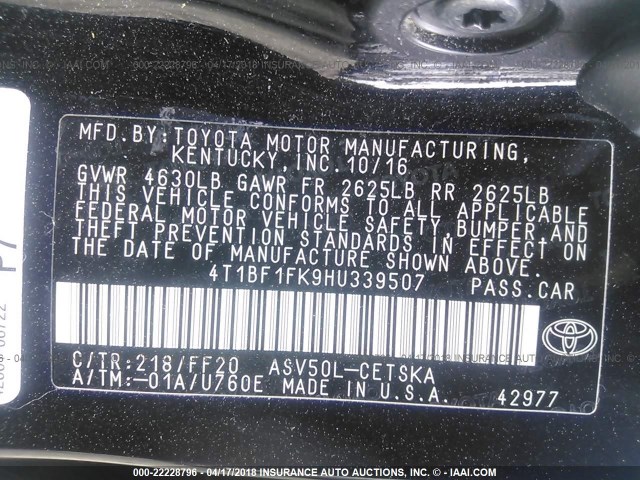 4T1BF1FK9HU339507 - 2017 TOYOTA CAMRY LE/XLE/SE/XSE BLACK photo 9