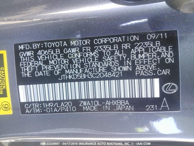 JTHKD5BH3C2048421 - 2012 LEXUS CT 200 GRAY photo 9