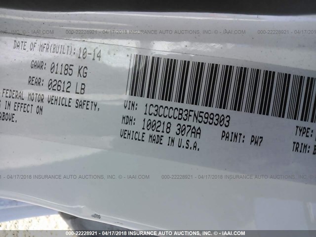 1C3CCCCB3FN599303 - 2015 CHRYSLER 200 C WHITE photo 9