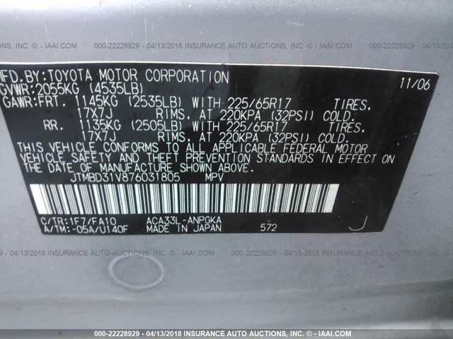 JTMBD31V876031805 - 2007 TOYOTA RAV4 LIMITED SILVER photo 9