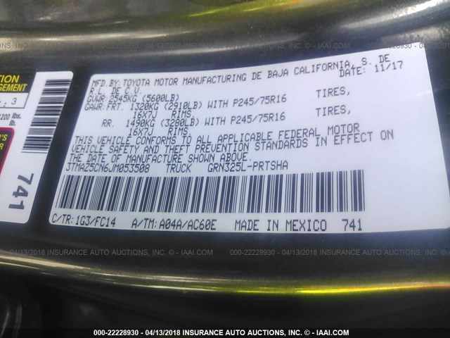 3TMAZ5CN6JM053508 - 2018 TOYOTA TACOMA DBL CAB/SR5/TRD SPORT/OR GRAY photo 9