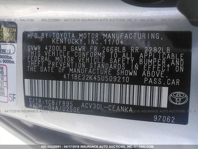 4T1BE32K45U509210 - 2005 TOYOTA CAMRY LE/XLE/SE 银色 照片 9