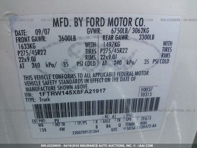 1FTRW145X8FA21917 - 2008 FORD F150 SUPERCREW CREAM photo 9