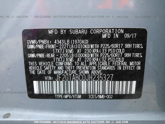 JF2GTABC0JH235327 - 2018 SUBARU CROSSTREK PREMIUM Light Blue photo 9