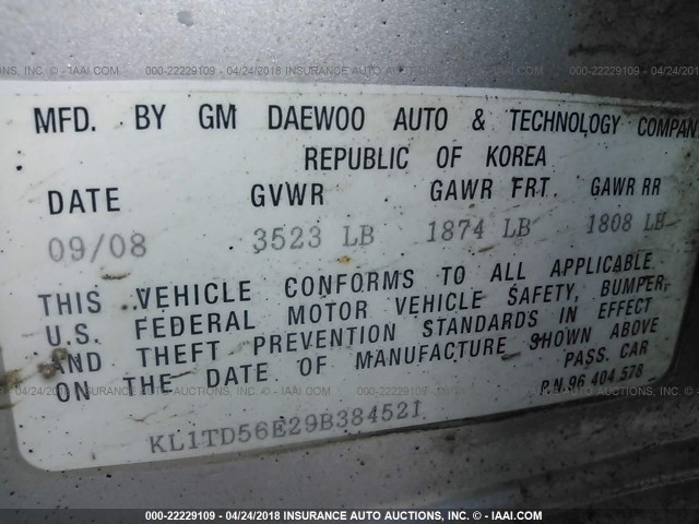 KL1TD56E29B384521 - 2009 CHEVROLET AVEO LS/LT 银色 照片 9