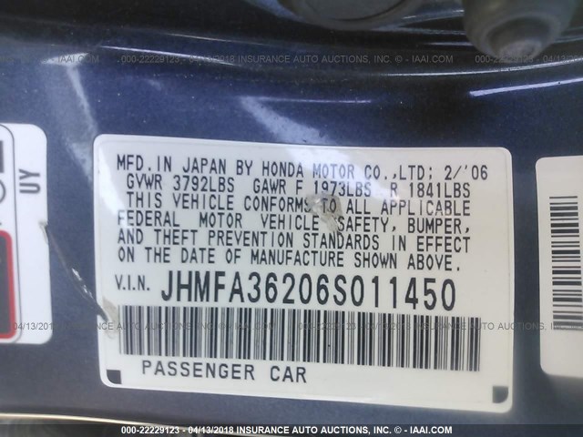 JHMFA36206S011450 - 2006 HONDA CIVIC HYBRID BLUE photo 9