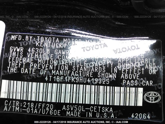 4T1BF1FK9HU419325 - 2017 TOYOTA CAMRY LE/XLE/SE/XSE BLACK photo 9