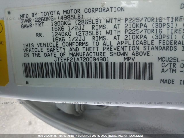 JTEHF21A720094901 - 2002 TOYOTA HIGHLANDER LIMITED WHITE photo 9