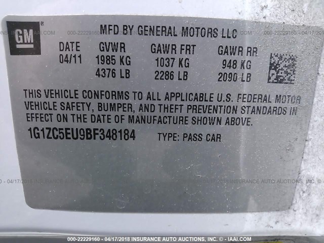 1G1ZC5EU9BF348184 - 2011 CHEVROLET MALIBU 1LT WHITE photo 9