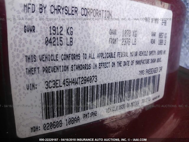 3C3EL45H4WT284073 - 1998 CHRYSLER SEBRING JX RED photo 9