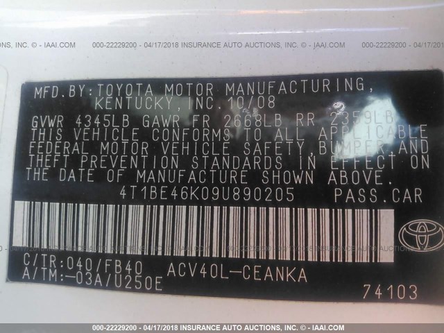 4T1BE46K09U890205 - 2009 TOYOTA CAMRY SE/LE/XLE 白色 照片 9