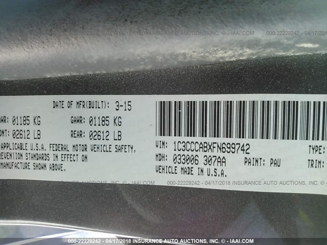 1C3CCCABXFN699742 - 2015 CHRYSLER 200 LIMITED GRAY photo 9