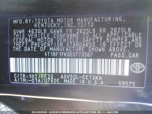 4T1BF1FK0EU773567 - 2014 TOYOTA CAMRY L/SE/LE/XLE 黑色 照片 9