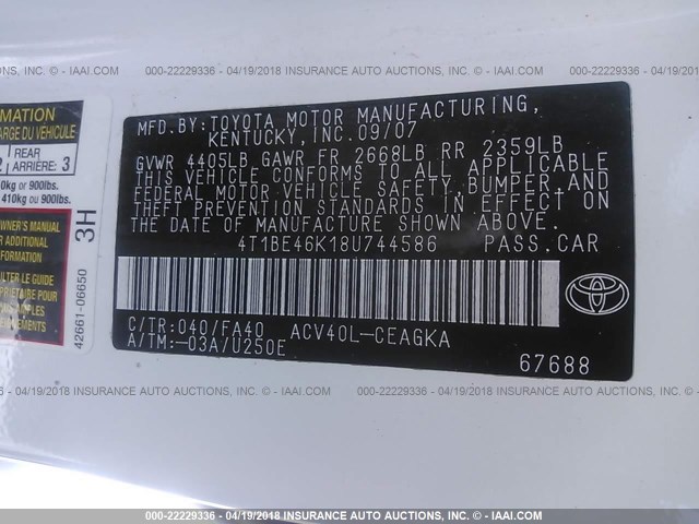 4T1BE46K18U744586 - 2008 TOYOTA CAMRY CE/LE/XLE/SE WHITE photo 9