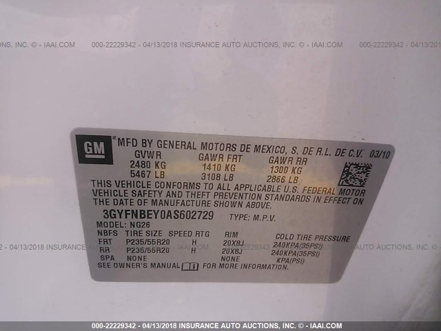 3GYFNBEY0AS602729 - 2010 CADILLAC SRX PERFORMANCE COLLECTION Ақ фото 9