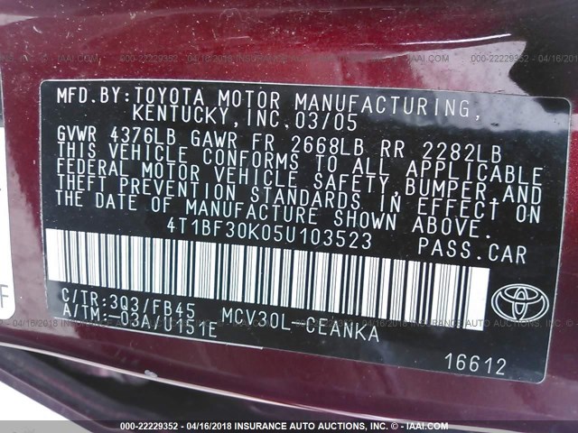 4T1BF30K05U103523 - 2005 TOYOTA CAMRY LE/XLE/SE მუქწითელი ფოტო 9