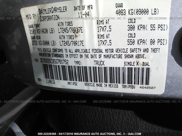 3D7KR26C85G761752 - 2005 DODGE RAM 2500 ST/SLT 银色 照片 9