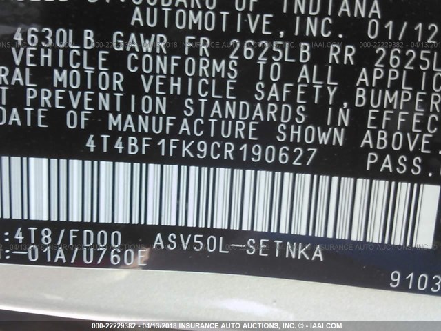 4T4BF1FK9CR190627 - 2012 TOYOTA CAMRY SE/LE/XLE TAN photo 9