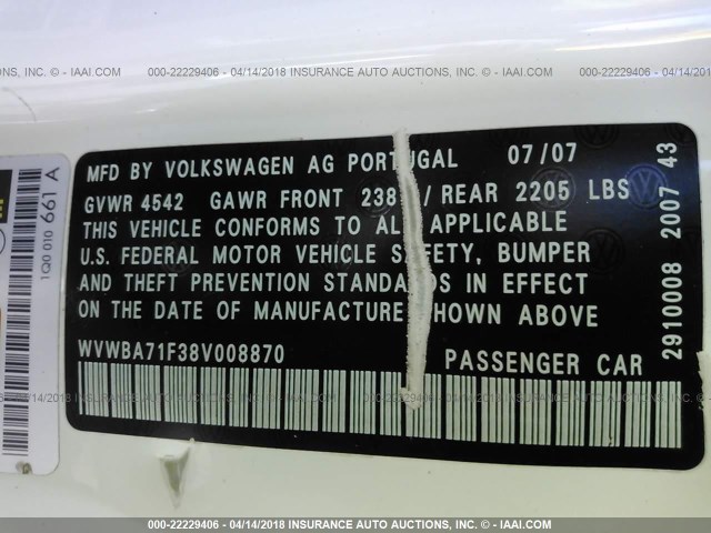 WVWBA71F38V008870 - 2008 VOLKSWAGEN EOS TURBO/KOMFORT WHITE photo 9