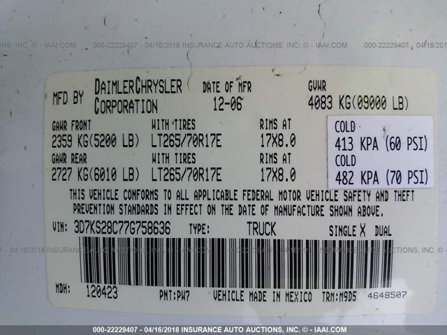 3D7KS28C77G758636 - 2007 DODGE RAM 2500 ST/SLT 白色 照片 9