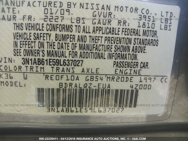 3N1AB61E59L637027 - 2009 NISSAN SENTRA 2.0/2.0S/2.0SL GRAY photo 9