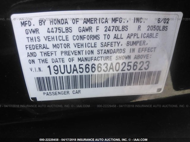 19UUA56663A025623 - 2003 ACURA 3.2TL შავი ფოტო 9