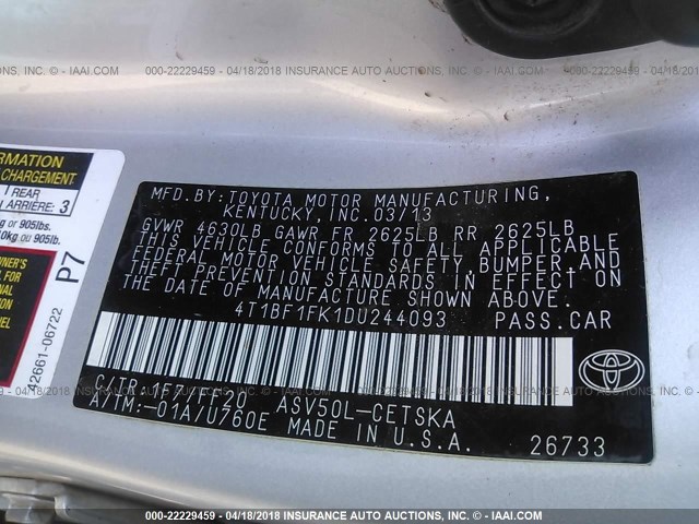 4T1BF1FK1DU244093 - 2013 TOYOTA CAMRY L/SE/LE/XLE 银色 照片 9