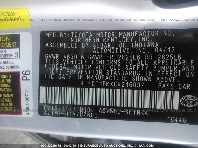 4T4BF1FKXCR216037 - 2012 TOYOTA CAMRY SE/LE/XLE SILVER photo 9