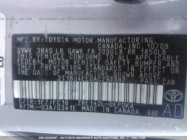 2T1BU4EE0AC297187 - 2010 TOYOTA COROLLA S/LE/XLE SILVER photo 9