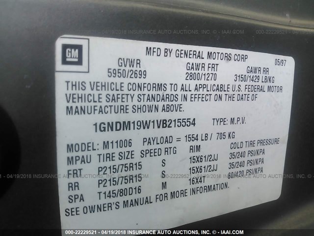 1GNDM19W1VB215554 - 1997 CHEVROLET ASTRO GRAY photo 9