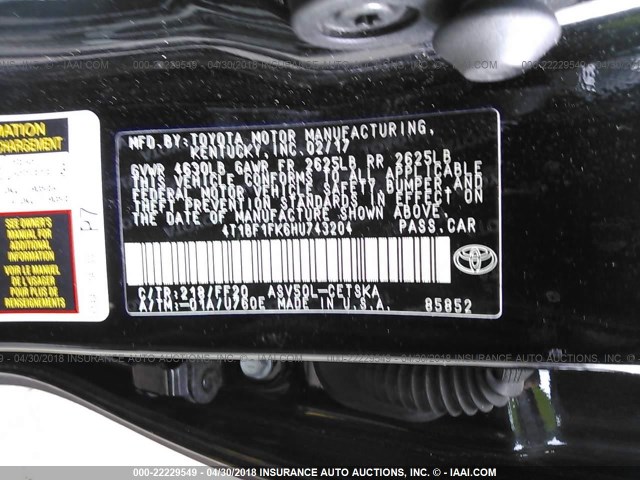 4T1BF1FK6HU743204 - 2017 TOYOTA CAMRY LE/XLE/SE/XSE BLACK photo 9