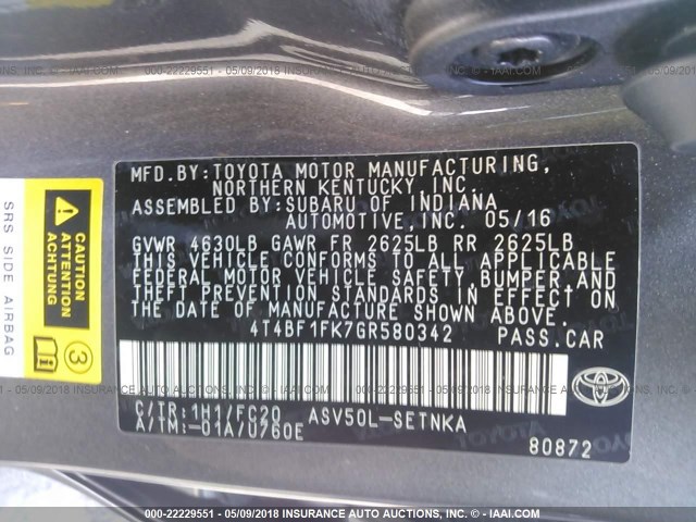 4T4BF1FK7GR580342 - 2016 TOYOTA CAMRY LE/XLE/SE/XSE ნაცრისფერი ფოტო 9