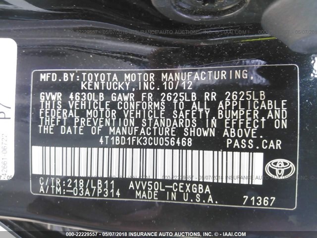 4T1BD1FK3CU056468 - 2012 TOYOTA CAMRY HYBRID/LE/XLE 黑色 照片 9