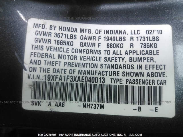 19XFA1F3XAE040013 - 2010 HONDA CIVIC VP GRAY photo 9