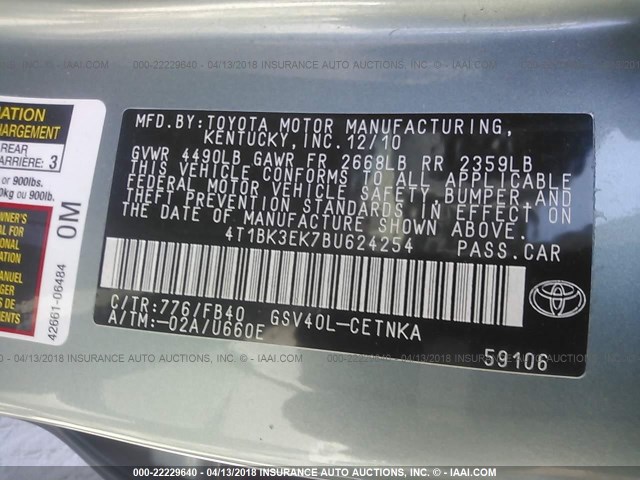 4T1BK3EK7BU624254 - 2011 TOYOTA CAMRY SE/LE/XLE Зеленый фото 9