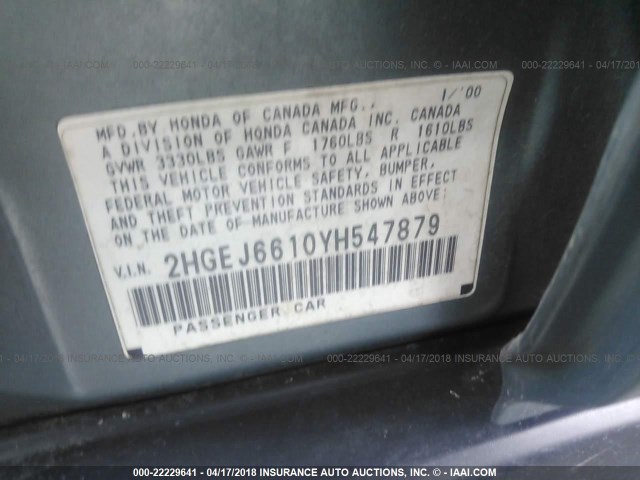 2HGEJ6610YH547879 - 2000 HONDA CIVIC SE BLUE photo 9