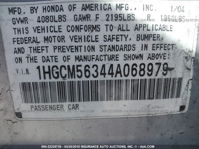 1HGCM56344A068979 - 2004 HONDA ACCORD LX SILVER photo 9